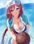  1girl absurdres bikini blue_eyes braid braided_ponytail breasts cleavage coconut drink drinking_straw elf eyebrows_visible_through_hair half-closed_eyes highres large_breasts looking_at_viewer misato_(princess_connect!) ocean open_clothes open_mouth pointy_ears princess_connect! red_hair short_sleeves smile solo susu_1248 sweatdrop swimsuit upper_body visor_cap 