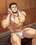  1boy abs alternate_pectoral_size bara bench briefs brown_hair haikyuu!! jimsdaydreams large_pectorals looking_at_viewer male_focus male_underwear muscular muscular_male navel nipples pectorals reward_available sawamura_daichi short_hair sideburns sitting smile solo spread_legs stomach sweat thick_thighs thighs towel towel_around_neck underwear underwear_only white_male_underwear 