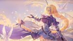  animal atdan bird blonde_hair bow braids breasts chain dress elbow_gloves fate/grand_order fate_(series) gloves headdress jeanne_d&#039;arc_(fate) long_hair ponytail purple_eyes signed thighhighs 