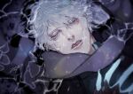  1boy artist_name blue_eyes dated devil_bringer devil_may_cry_(series) devil_may_cry_4 dmc_pa expressionless glowing hand_on_own_chest in_water lying male_focus nero_(devil_may_cry) on_back parted_lips partially_submerged short_hair signature solo water wet white_hair 