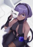  1girl black_hairband black_leotard breasts center_opening dark-skinned_female dark_skin fate/grand_order fate_(series) fingerless_gloves from_above gloves hairband hassan_of_serenity_(fate) highres holding holding_mask indoors leggings leotard mask mku on_bed purple_eyes purple_hair short_hair sitting sitting_on_bed skull_mask small_breasts solo stirrup_legwear toeless_legwear wariza 