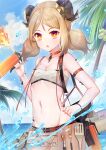  +_+ 1girl :o absurdres arknights arm_strap bangs bare_shoulders bikini bikini_bottom blonde_hair blue_sky breasts chinese_commentary choker cleavage cloud coconut_tree collarbone commentary_request cowboy_shot day eyebrows_visible_through_hair flamethrower fork groin hair_between_eyes hand_on_hip highres holding horns id_card ifrit_(arknights) ifrit_(sunburn)_(arknights) long_hair looking_at_viewer low_twintails miao_(tt17725933484) nail_polish navel ocean official_alternate_costume open_mouth orange_choker orange_eyes orange_nails oripathy_lesion_(arknights) outdoors palm_tree sarashi see-through_skirt sidelocks skirt sky small_breasts solo spatula standing stomach swimsuit tree twintails water_drop weapon white_bikini 