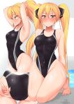  1girl adjusting_clothes adjusting_swimsuit ass barefoot black_swimsuit blonde_hair blush_stickers breasts collarbone commission competition_swimsuit covered_navel dream_c_club dream_c_club_(series) full_body highleg highleg_swimsuit hisakabe_oune kneeling large_breasts lnog long_hair looking_at_viewer mian_(dream_c_club) multiple_views one-piece_swimsuit skeb_commission swimsuit twintails yellow_eyes 