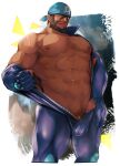  1boy :q abs archie_(pokemon) bara bare_pectorals beard black_eyes blue_bandana blue_bodysuit bodysuit brown_hair bulge cropped_legs dark-skinned_male dark_skin facial_hair highres kuro_(shiranui) large_pectorals long_sleeves male_focus male_pubic_hair mature_male muscular muscular_male mustache navel navel_hair nipples open_bodysuit pectorals pokemon pokemon_(game) pokemon_rse pubic_hair short_hair skin_tight solo stomach thick_thighs thighs tongue tongue_out torn_bodysuit torn_clothes undressing unzipped wet wetsuit 