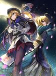  2girls ahoge anemone_noa armor artoria_pendragon_(all) artoria_pendragon_(caster)_(fate) back-to-back bangs belt black_gloves black_legwear blonde_hair braid cloak coat dress eyebrows_behind_hair eyebrows_visible_through_hair fate/grand_order fate/stay_night fate_(series) gloves green_eyes hair_between_eyes highres holding holding_staff holding_weapon jewelry long_hair multiple_girls petals ponytail ribbon saber skirt smile staff thighhighs weapon 