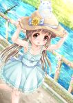  1girl :d animal armpits arms_up bare_arms bare_shoulders blue_bow blue_dress blush bow brown_eyes brown_hair bug center_frills collarbone commentary_request day dragonfly dress fan flower frilled_dress frills hands_on_headwear hat hat_bow hat_flower highres idolmaster idolmaster_cinderella_girls insect long_hair looking_at_viewer low_twintails open_mouth outdoors paper_fan pink_flower pleated_skirt purple_flower railing regular_mow river skirt sleeveless sleeveless_dress smile solo sweatdrop twintails uchiwa very_long_hair walking yellow_flower yorita_yoshino 