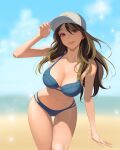  1girl absurdres bangs bare_arms bare_shoulders baseball_cap beach bikini blonde_hair blue_bikini blue_sky blurry blurry_background breasts brown_hair character_request cleavage collarbone commission day depth_of_field feet_out_of_frame final_fantasy final_fantasy_xiv hand_on_headwear hat highres hongcasso leaning_forward long_hair looking_at_viewer multicolored_hair navel outdoors parted_lips pink_lips red_eyes sky smile solo standing streaked_hair sun sunlight swept_bangs swimsuit thigh_gap white_headwear 