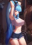  1girl :o alley armpits arms_up bangs bare_arms bare_shoulders black_skirt blue_hair blunt_bangs bound breasts check_copyright collared_shirt copyright_request covered_nipples cowboy_shot crop_top crop_top_overhang daydream_(zhdkffk21) hair_intakes hair_ribbon highres large_breasts long_hair looking_down midriff miniskirt navel open_mouth original pleated_skirt red_eyes restrained revealing_clothes ribbon shadow shirt skirt sleeveless sleeveless_shirt solo stomach thighs twintails very_long_hair white_shirt 