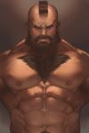  1boy abs bara beard brown_hair chest_hair completely_nude dark facial_hair frown highres large_pectorals looking_at_viewer male_focus mature_male mohawk muscular muscular_male mustache navel navel_hair nipples nude pectorals ryker short_hair solo stomach street_fighter upper_body zangief 