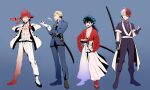  4boys abs adjusting_clothes adjusting_gloves ahoge alternate_costume alternate_hair_length alternate_hairstyle bakugou_katsuki bandaged_foot bandaged_leg bandages bangs belt black_belt black_footwear black_gloves black_hair black_pants black_shirt blonde_hair blue_background blue_eyes blue_jacket blue_pants boku_no_hero_academia brown_footwear burn_scar cigarette clenched_hand clothing_request collarbone commentary_request cosplay fingerless_gloves fist_bump freckles frown full_body gloves green_background green_eyes green_hair grey_eyes grin hair_between_eyes hairband hakama hand_up heterochromia highres himura_kenshin himura_kenshin_(cosplay) holding holding_sword holding_weapon jacket japanese_clothes katana kirishima_eijirou long_hair looking_at_viewer male_focus midoriya_izuku multicolored_hair multiple_boys necktie no_shirt open_clothes open_jacket open_mouth own_hands_together pants ponytail purple_background red_eyes red_hair red_hairband rurouni_kenshin sagara_sanosuke sagara_sanosuke_(cosplay) saitou_hajime_(rurouni_kenshin) saitou_hajime_(rurouni_kenshin)_(cosplay) sandals sarashi scar sharp_teeth sheath shinomori_aoshi shinomori_aoshi_(cosplay) shirt shoes simple_background smile smoke smoking standing sword teeth todoroki_shouto tonomayo two-tone_hair weapon white_hair white_jacket white_pants 