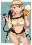  1girl akashi_(kancolle) alcohol backpack bag banned_artist beer bikini blunt_tresses border breasts cleavage collarbone commentary_request cowboy_shot glass gradient_bikini green_eyes hair_ribbon kantai_collection large_breasts leaning_forward long_hair looking_at_viewer makio_(makiomeigenbot) navel nozzle open_mouth pink_hair ribbon side-tie_bikini solo swimsuit tress_ribbon visor_cap white_border 