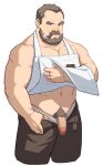  1boy absurdres apron apron_lift bara beard blush brown_hair brown_pants censored cigar cropped_legs facial_hair flaccid highres looking_at_viewer male_cleavage male_focus male_pubic_hair mature_male mosaic_censoring muscular muscular_male mustache navel old old_man original pants pectorals penis pubic_hair pulled_by_self ryker short_hair sideburns sidepec smoking solo underwear_pull white_apron 