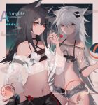  2girls animal_ears arknights arm_strap artist_name bandeau beige_border black_bandeau black_choker black_hair black_shorts blue_eyes breasts candy chinese_commentary choker cigarette closed_mouth collarbone commentary_request cookie_(ppyf5328) copyright_name cowboy_shot criss-cross_halter english_text food hair_ornament hairclip halterneck hand_in_pocket hand_up hands_up highres holding holding_cigarette lappland_(arknights) linea_alba lollipop long_hair looking_at_viewer multiple_girls navel orange_eyes penguin_logistics_logo scar scar_across_eye see-through_jacket see-through_shirt short_shorts shorts silver_hair slit_pupils small_breasts smoke smoking spaghetti_strap star_(symbol) texas_(arknights) wolf_ears 