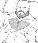  2boys abs armpit_hair bara beard brown_hair chest_hair completely_nude facial_hair greyscale highres large_pectorals looking_at_viewer lying male_focus mature_male mohawk monochrome multiple_boys muscular muscular_male mustache nipples nude on_back on_bed pectoral_focus pectorals pov ryker short_hair sketch smile solo_focus stomach street_fighter sweatdrop upper_body yaoi zangief 