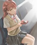  bangs blunt_bangs braid braided_bun collared_shirt dress_shirt earphones game_boy grey_skirt hair_ornament hairpin half_updo handheld_game_console highres irenji looking_at_viewer love_live! love_live!_nijigasaki_high_school_idol_club medium_hair neck_ribbon nijigasaki_academy_uniform orange_hair pink_hair pleated_skirt red_neckwear ribbon school_uniform shirt short_sleeves side_bun sitting skirt summer_uniform sweater_vest swept_bangs uehara_ayumu vest white_shirt white_vest yellow_eyes 