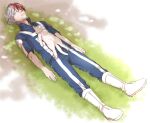  1boy animal bangs blue_pants blue_shirt boku_no_hero_academia boots burn_scar cat closed_eyes commentary_request day full_body gloves grass hair_between_eyes lying male_focus multicolored_hair on_back on_grass outdoors pants parted_lips red_hair scar shirt sleeping solo todoroki_shouto tonomayo two-tone_hair u.a._gym_uniform white_footwear white_gloves white_hair 