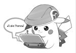  :3 artsy-rc closed_mouth commentary english_commentary gen_1_pokemon greyscale handheld_game_console hat hatted_pokemon monochrome musical_note nintendo_ds no_humans pikachu pokemon pokemon_(creature) signature simple_background smile solo stylus upper_body white_background 