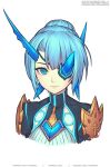  1girl armor blue_eyes blue_hair closed_mouth commentary eyepatch gofelem horns looking_at_viewer one_eye_covered pauldrons short_hair shoulder_armor simple_background single_horn solo theory_(xenoblade) white_background xenoblade_chronicles_(series) xenoblade_chronicles_2 