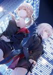  2girls artoria_pendragon_(all) bangs black_jacket black_ribbon blonde_hair breasts building_block city_lights cityscape coat cowboy_shot dutch_angle extra_singular fate/grand_order fate_(series) fur-trimmed_coat fur-trimmed_sleeves fur_trim jacket jeanne_d&#039;arc_(alter)_(fate) jeanne_d&#039;arc_(fate)_(all) jet_black_king_of_knights_ver._shinjuku_1999 large_breasts low_ponytail multiple_girls night ribbon saber_alter shirt short_hair shorts silver_hair sleeveless sleeveless_shirt sword tsurime weapon wicked_dragon_witch_ver._shinjuku_1999 yellow_eyes 