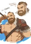  1boy abs absurdres armor bara bare_pectorals beard blue_eyes brown_hair chest_hair chest_harness collage cropped_torso destroyer_(ni_no_kuni) facial_hair forked_eyebrows hair_slicked_back harness highres holding holding_polearm holding_weapon large_pectorals looking_at_viewer male_focus mature_male muscular muscular_male mustache navel ni_no_kuni_ii nipples pectorals polearm ryker short_hair shoulder_armor smirk stomach thick_eyebrows tied_hair translation_request undercut weapon 