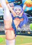  1girl :d anus armpits arms_up ass bare_arms bare_shoulders blue_eyes blue_hair blue_shirt blue_skirt blurry breasts cheerleader commission confetti cowboy_shot crop_top crop_top_overhang day daydream_(zhdkffk21) depth_of_field dungeon_and_fighter hair_ribbon heart_pasties highres holding leg_up long_hair looking_at_viewer microskirt midriff miniskirt navel open_mouth outdoors pasties pleated_skirt pom_pom_(cheerleading) ribbon shirt skindentation skirt sleeveless sleeveless_shirt smile solo split standing standing_on_one_leg standing_split stomach sweat thighhighs thighs underboob white_legwear 