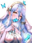  1girl artist_name azura_(fire_emblem) bare_shoulders blue_butterfly blue_hair blush breasts bug butterfly butterfly_on_finger butterfly_on_hand butterfly_on_head commentary commission detached_collar detached_sleeves dress elbow_gloves english_commentary english_text fingerless_gloves fingernails fire_emblem fire_emblem_fates gloves hair_between_eyes insect long_hair looking_at_viewer medium_breasts simple_background sleeveless solo veil very_long_hair wani_(fadgrith) white_background white_dress white_gloves white_headwear white_sleeves white_veil yellow_eyes 