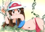  1girl bdsm bondage bound breasts brown_eyes brown_hair hainchu hat highres leaf_(pokemon) long_hair looking_at_viewer navel plant pokemon pokemon_(game) pokemon_frlg porkpie_hat simple_background sleeveless solo strapless tubetop vines 