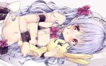  1girl arm_garter blue_hair bow bowtie breasts commentary_request hair_bow kurou_(quadruple_zero) long_hair looking_at_viewer lying maid_headdress navel on_side original red_bow red_neckwear small_breasts solo stuffed_animal stuffed_bunny stuffed_toy sweat wrist_cuffs 