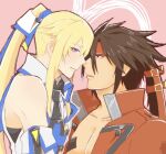  2boys blonde_hair blue_eyes brown_hair guilty_gear guilty_gear_xrd imminent_kiss ky_kiske long_hair looking_at_another male_focus multiple_boys pale_skin ponytail sol_badguy tan 