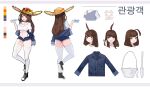  1girl :d absurdres ahoge artist_request ass bandaid bandaid_on_cheek bandaid_on_leg bare_shoulders black_footwear blue_jacket blue_shorts breasts brown_hair brown_headwear cat_cutout character_sheet cleavage cleavage_cutout clothing_cutout color_guide crop_top crop_top_overhang cutoffs denim denim_jacket denim_shorts eyewear_on_headwear fang flower food from_behind frown full_body hand_up hat hat_flower highleg highres holding jacket large_breasts leg_up long_hair looking_at_viewer micro_shorts midriff multiple_views navel off_shoulder open_clothes open_fly open_jacket open_mouth orange_eyes pokemon pokemon_(game) pokemon_sm popsicle revealing_clothes second-party_source shirt shoes shorts shoulder_cutout sightseer_(pokemon) skindentation smile sneakers standing stomach straw_hat sunglasses sweatdrop tearing_up thighhighs thighs white_legwear white_shirt wide-eyed 