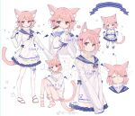  ame_ame bangs chibi closed_eyes closed_mouth full_body hair_ornament jar long_sleeves original pink_eyes pink_hair sailor_collar sample short_hair striped striped_legwear watermark white_legwear 