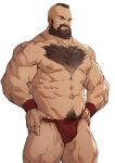  1boy abs bara beard brown_hair bulge chest_hair dark-skinned_male dark_skin facial_hair feet_out_of_frame fundoshi highres japanese_clothes large_pectorals looking_at_viewer male_focus male_pubic_hair mature_male mohawk muscular muscular_male mustache navel navel_hair nipples pectorals pubic_hair red_male_underwear ryker scar_on_arm short_hair solo standing stomach street_fighter thick_thighs thighs underwear underwear_only zangief 