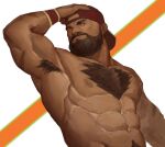  1boy abs armpit_hair armpits backwards_hat bara baseball_cap beard brown_hair chest_hair completely_nude facial_hair from_below hand_on_own_head hat large_pectorals looking_at_viewer male_focus male_pubic_hair mature_male mohawk muscular muscular_male mustache navel navel_hair nipples nude pectorals pubic_hair ryker scar_on_arm short_hair smile solo stomach street_fighter zangief 