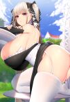  1girl absurdres ass azur_lane bangs bare_shoulders between_breasts black_dress blush breasts chixiao dress earrings eyebrows_visible_through_hair formidable_(azur_lane) frilled_dress frills grey_hair hair_ribbon highres huge_breasts jewelry large_breasts long_hair red_eyes ribbon sideboob solo stud_earrings twintails two-tone_ribbon very_long_hair 