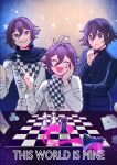  3boys :d bangs bishop_(chess) black_cape black_jacket blood cape card cele_(310v3) checkered checkered_floor checkered_scarf chess_piece commentary danganronpa_(series) danganronpa_v3:_killing_harmony dice english_commentary english_text eyebrows_visible_through_hair facing_viewer grin hair_between_eyes hand_on_own_cheek hand_on_own_face hand_up hands_up highres jacket king_(chess) male_focus multiple_boys multiple_persona official_alternate_costume open_mouth ouma_kokichi pink_blood playing_card purple_eyes purple_hair queen_(chess) rook_(chess) scarf sitting smile sweatdrop thinking 
