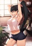  1girl absurdres ahoge armpits arms_up bare_arms bare_shoulders black_hair black_shorts breasts bunching_hair choi_hwa-ryeong cleavage collarbone commission contrapposto covered_nipples cowboy_shot crop_top crop_top_overhang daydream_(zhdkffk21) hair_tie_in_mouth highres indoors large_breasts long_hair looking_down midriff mouth_hold navel no_bra original ponytail purple_eyes second-party_source see-through_silhouette shirt short_shorts shorts sleeveless sleeveless_shirt solo standing stomach thighs tying_hair very_long_hair white_shirt window 