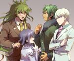  4boys bangs box brown_jacket brown_pants checkered checkered_scarf closed_eyes collared_shirt cowboy_shot crossed_arms danganronpa_(series) danganronpa_3_(anime) danganronpa_v3:_killing_harmony fur_trim glasses gokuhara_gonta green_hair green_jacket green_neckwear green_shirt height_difference index_finger_raised jacket long_sleeves looking_at_another messy_hair multiple_boys munakata_kyousuke necktie open_mouth ouma_kokichi pants print_neckwear purple_eyes purple_hair red_eyes round_eyewear sakakura_juuzou scarf school_uniform shiny shiny_hair shirt short_hair youko-shima 