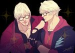  2boys arm_on_shoulder artist_name black_background black_gloves black_shirt blue_eyes coat collarbone crossed_arms dante_(devil_may_cry) dated devil_bringer devil_may_cry_(series) devil_may_cry_4 dmc_pa expressionless facial_hair fingerless_gloves glasses gloves hood hood_down hoodie male_focus multiple_boys mustache nero_(devil_may_cry) one_eye_closed partially_fingerless_gloves shirt short_hair sideways_glance signature simple_background smile sparkle undershirt white_hair 