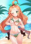  1girl ;o bangs bangs_pinned_back bare_arms beach bikini bikini_lift blue_sky blush breasts brown_hair caron_(straycat910) clothes_lift collarbone commentary_request cowboy_shot day food_print frilled_bikini frills green_bikini green_eyes green_ribbon hair_ornament hair_ribbon hairclip hands_on_own_chest heart heart-shaped_boob_challenge long_hair medium_breasts navel nipples ocean one_eye_closed original outdoors palm_leaf parted_lips print_bikini ribbon sky solo standing stomach strawberry_print swimsuit very_long_hair water 