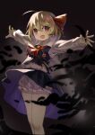  1girl :d absurdres ahoge bangs beads black_skirt black_vest blonde_hair bloomers darkness fang hair_ribbon highres hxj_(2324184595) long_sleeves open_mouth outstretched_arms puffy_sleeves red_eyes red_ribbon ribbon rumia short_hair skirt smile torn_clothes touhou underwear upskirt vest 