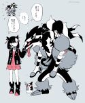  1boy 1girl ankle_boots asymmetrical_bangs bangs black_choker black_footwear black_hair black_jacket boots brother_and_sister choker commentary_request dress gen_8_pokemon grey_background gym_leader hair_ribbon jacket knees long_hair marnie_(pokemon) morpeko morpeko_(full) multicolored_hair obstagoon ohhhhhhtsu open_clothes open_jacket petting piers_(pokemon) pink_dress pink_eyes pokemon pokemon_(game) pokemon_swsh ribbon siblings simple_background speech_bubble standing thought_bubble translation_request two-tone_hair white_hair 