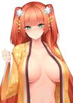  1girl bangs blunt_bangs breasts chixiao closed_mouth eyebrows_visible_through_hair floral_print green_eyes guoguo_(you_can_eat_the_girl) hair_ornament head_tilt highres japanese_clothes kimono large_breasts long_hair looking_at_viewer navel open_clothes open_kimono orange_hair second-party_source simple_background smile snowflake_hair_ornament solo two_side_up upper_body white_background you_can_eat_the_girl 