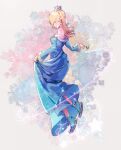  1girl abstract_background alternate_footwear blonde_hair blue_dress breasts closed_eyes closed_mouth crown dress earrings floating formal head_tilt highres holding holding_clothes holding_dress jewelry long_hair magic mario_(series) nachoz_(nachozart) nintendo outstretched_hand pale_skin platinum_blonde_hair rosalina shoulders small_breasts smile star_(symbol) star_earrings super_mario_galaxy wand white_background 