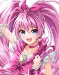  1girl :d bangs blue_eyes bow braid choker collarbone cure_melody hair_between_eyes hair_bow hair_ornament heart heart_hair_ornament long_hair open_mouth outstretched_arm pink_bow pink_choker pink_hair pink_shirt precure shiny shiny_hair shirt sleeveless sleeveless_shirt smile solo suite_precure ten_(tenchan_man) twintails upper_body very_long_hair 