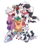  2boys ahoge bangs bede_(pokemon) belt bike_shorts black_hair boots closed_mouth coat commentary_request cropped_jacket cufant curly_hair flower galarian_form galarian_zigzagoon gen_8_pokemon green_eyes grey_hair gym_leader hatenna holding holding_flower jacket leggings long_hair male_focus multicolored_hair multiple_boys ohhhhhhtsu petals piers_(pokemon) pokemon pokemon_(creature) pokemon_(game) pokemon_swsh purple_coat purple_eyes purple_footwear red_flower shirt shoes short_hair smile standing two-tone_hair watch white_hair white_jacket wristwatch 