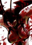  1girl black_hair blood breasts brown_eyes demon_girl devil_lady_(devilman_lady) devilman devilman_lady head_wings leaning_forward mayata medium_breasts parted_lips smirk solo upper_body white_background 