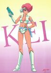  1980s_(style) 1girl absurdres arm_strap boots character_name dirty_pair earrings full_body gloves gradient gradient_background gun hand_on_hip handgun headband highres holding holding_gun holding_weapon holster jewelry kei_(dirty_pair) knee_boots navel official_art red_eyes red_hair retro_artstyle scan short_hair single_glove smile solo standing weapon wristband 