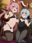  2girls :d animal_ears ass_visible_through_thighs bare_shoulders bikini black_bikini black_leotard blue_eyes blue_hair blurry blurry_background blush bow breasts brown_legwear bunny_ears cocktail_glass covered_navel cup depth_of_field drinking_glass fake_animal_ears fishnet_legwear fishnets grey_legwear hair_bow highres holding holding_tray indoors interlocked_fingers kakure_eria kneeling leotard looking_at_viewer milim_nava multiple_girls navel open_mouth pantyhose pink_hair playboy_bunny ponytail rimuru_tempest small_breasts smile stool swimsuit tensei_shitara_slime_datta_ken thighhighs tray twintails wide-eyed wrist_cuffs yellow_eyes 