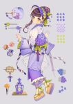  1girl absurdres bangs blunt_bangs blush fan flower from_side full_body gradient_kimono green_eyes hair_bun highres holding holding_umbrella japanese_clothes kimono long_sleeves looking_at_viewer obi original purple_flower purple_kimono sash solo standing tassel umbrella usamochi. wide_sleeves 