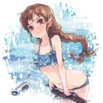  1girl bikini blue_bikini blush braid braided_ponytail brown_eyes brown_hair brown_shorts closed_mouth clothes_pull collarbone cowboy_shot embarrassed eyewear_removed floating_hair hair_ribbon halterneck isuzu_(log_horizon) leaning_forward log_horizon long_hair mo_(deciliter) navel polka_dot polka_dot_bikini ponytail ribbon shiny shiny_hair short_shorts shorts shorts_pull solo standing sunglasses swimsuit very_long_hair wavy_mouth wet wet_hair white-framed_eyewear yellow_ribbon 